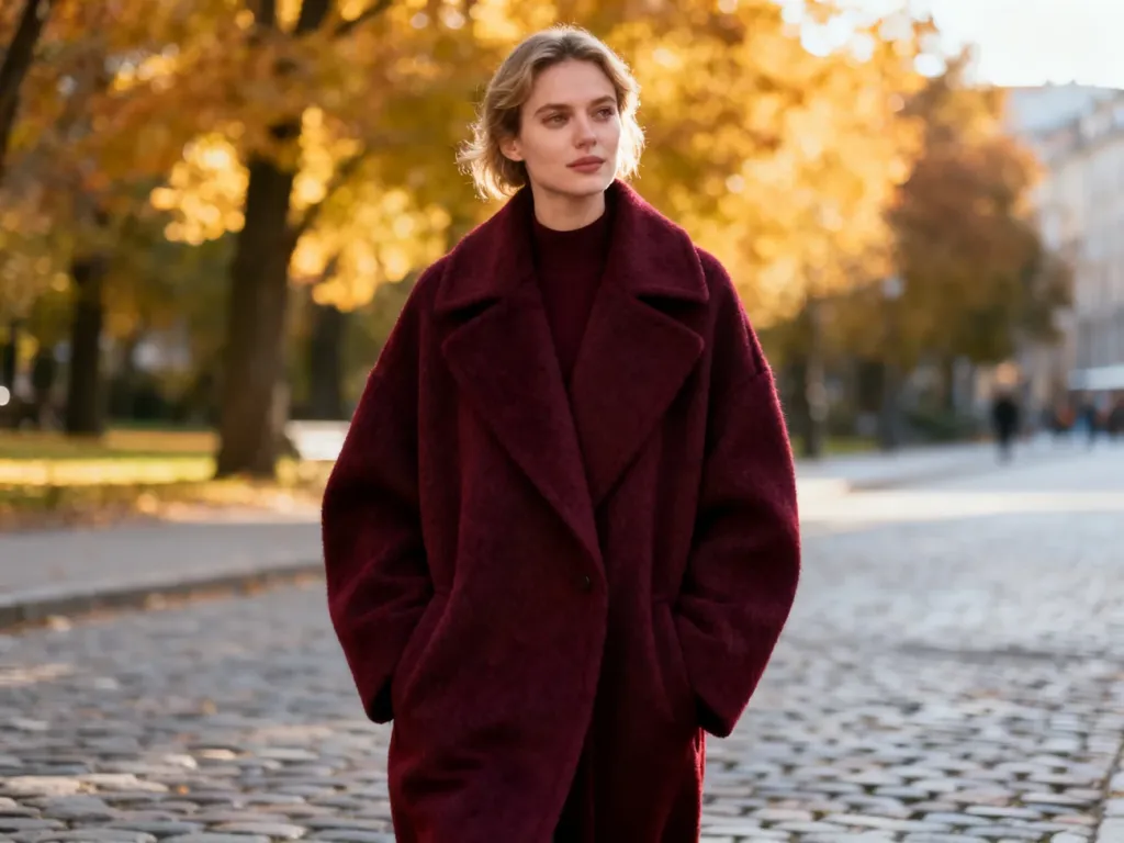 Stylowa kobieta w burgundowym płaszczu oversize na tle jesiennej miejskiej scenerii.