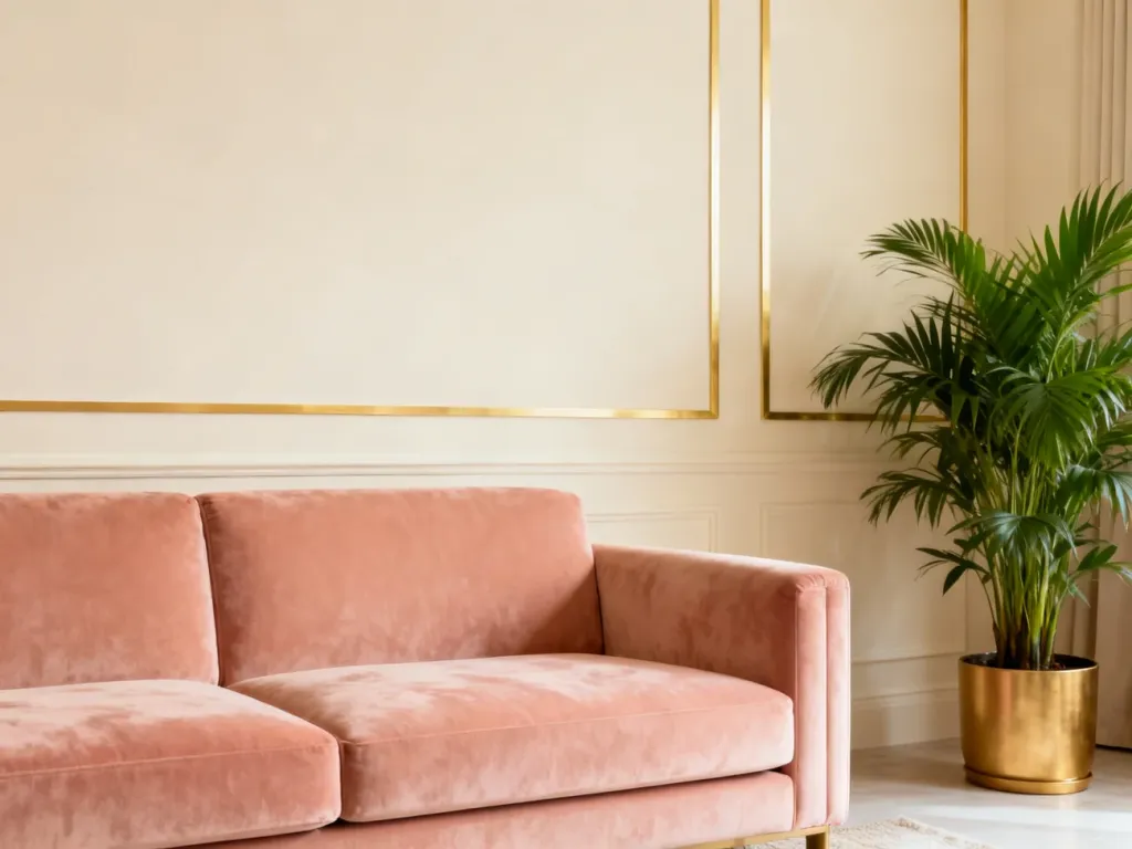 Nowoczesny salon z łososiową sofą, kremowymi ścianami i złotymi akcentami, tworzący przytulną i elegancką aranżację.