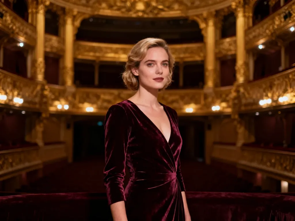 Elegancka kobieta w aksamitnej sukni w bogato zdobionym foyer teatru, prezentująca szykowną stylizację wieczorową.