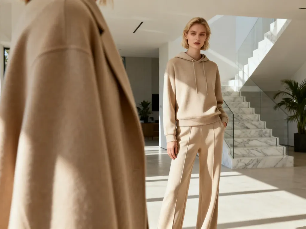 Kobieta w eleganckim, beżowym dresie o wysokiej jakości tkaninie, prezentująca nowoczesną stylizację w minimalistycznym wnętrzu.